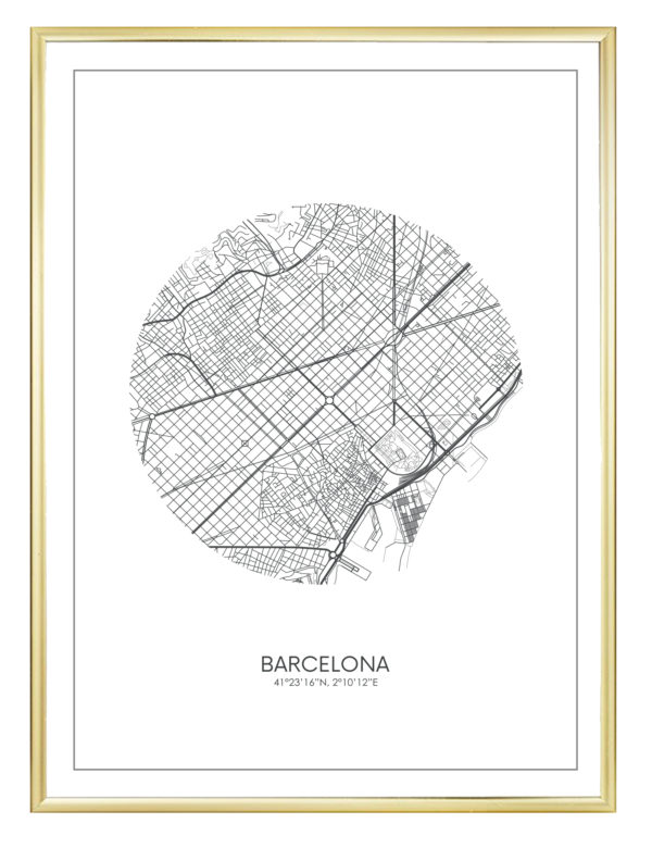 Lámina decorativa Mapa Barcelona con marco dorado