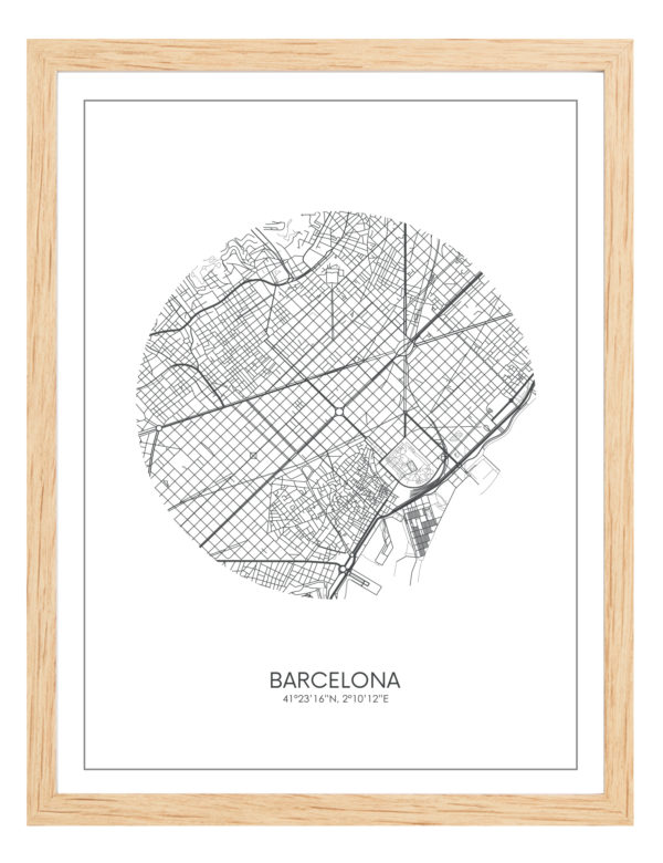 Lámina decorativa Mapa Barcelona con marco de madera