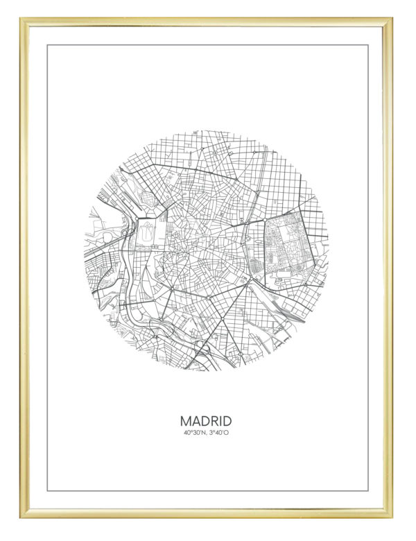 Lámina decorativa Mapa Madrid con marco dorado