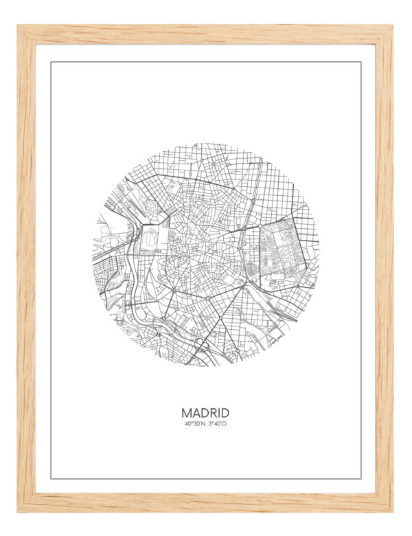 Lámina decorativa Mapa Madrid con marco de madera