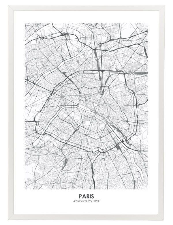 Lámina decorativa Mapa París con marco blanco