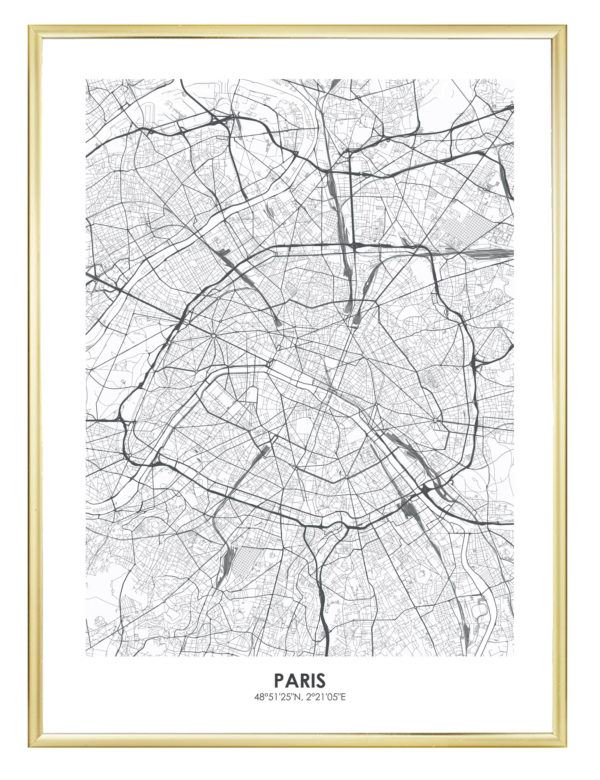 Lámina decorativa Mapa París con marco dorado