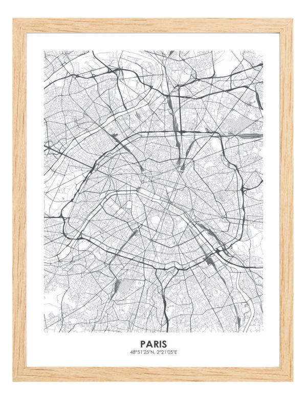 Lámina decorativa Mapa París con marco de madera
