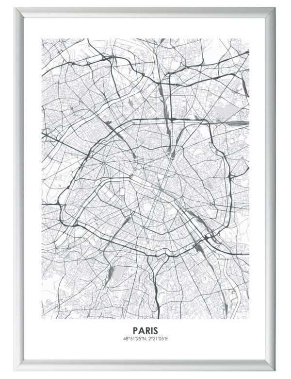 Lámina decorativa Mapa París con marco plateado